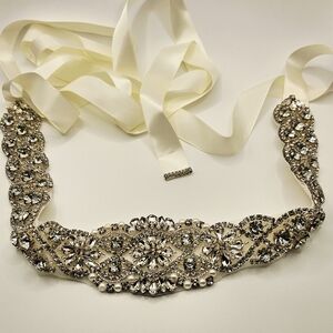 Bridal Belt Wedding Sash Rhinestone Pearl Crystal Applique Ivory Ribbon 92" New